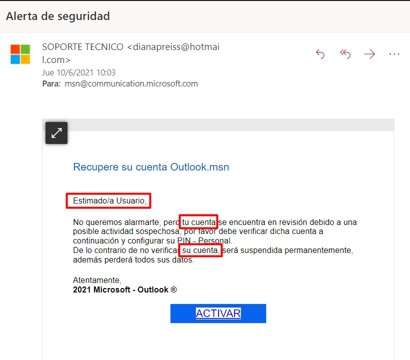 Ejemplo de correo fraudulento para recuperar cuenta