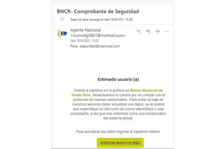 Ejemplo de estafa de verificación por email