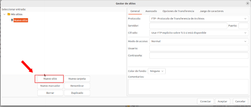 Filezilla - Añadir sitio